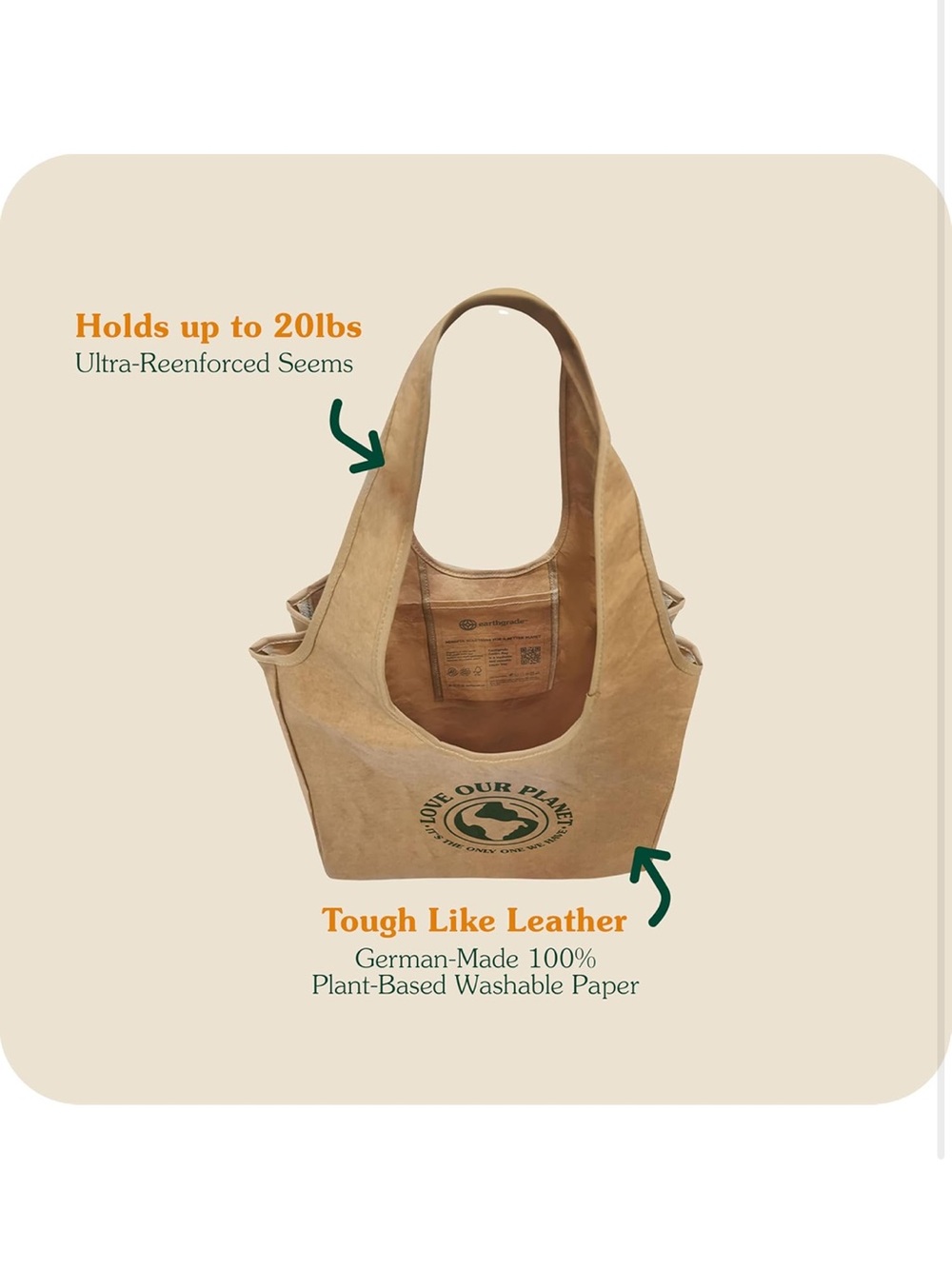 NWT “Love Our Planet” Eco Tote Shoulder Bag Washable Paper Reusable - Picture 5 of 9